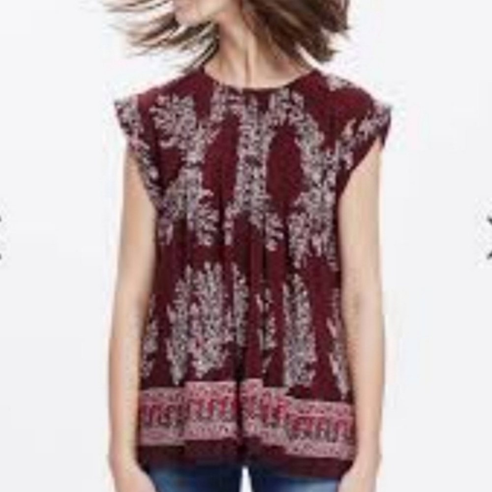 Madewell Womens Lassie Garden Cap Short Sleeve Burgandy Printed Shirt Flowy